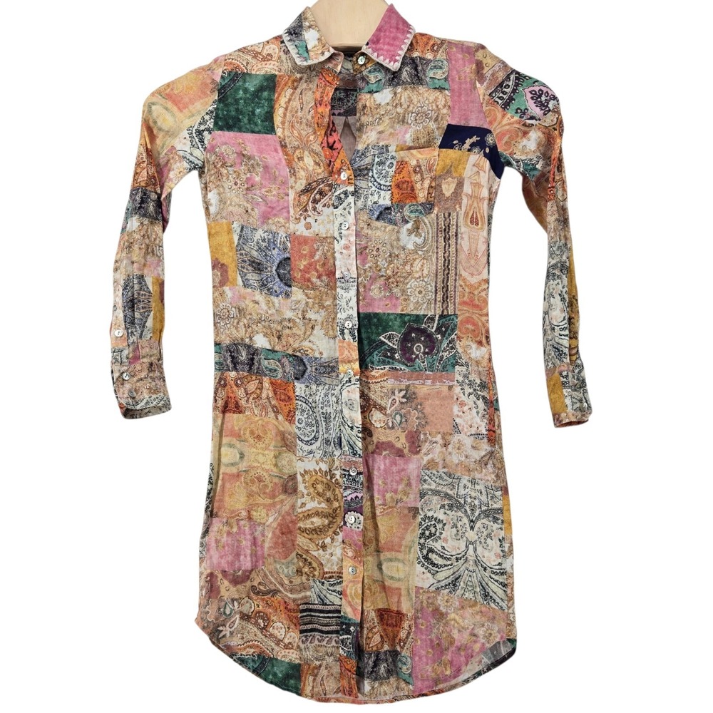 Magaschoni Shirt Dress Women XS Linen Long Sleeve Colorful Patchwork Paisle READ
